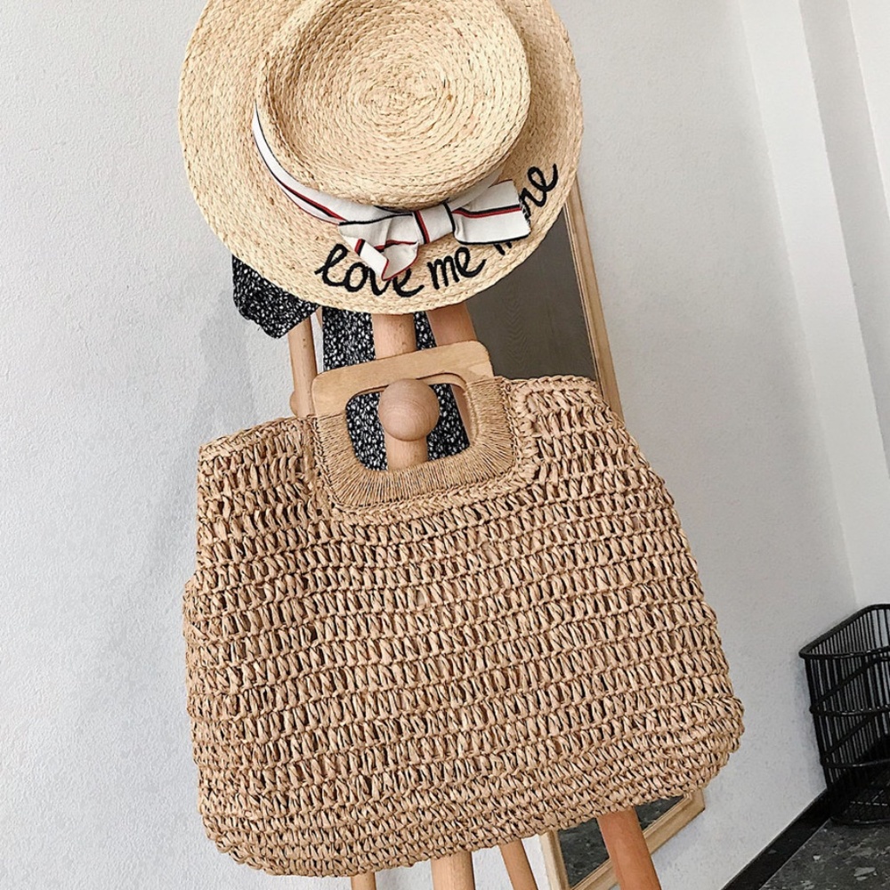 boho Cream Khaki straw bag wood handle tote - Picture 2 of 5